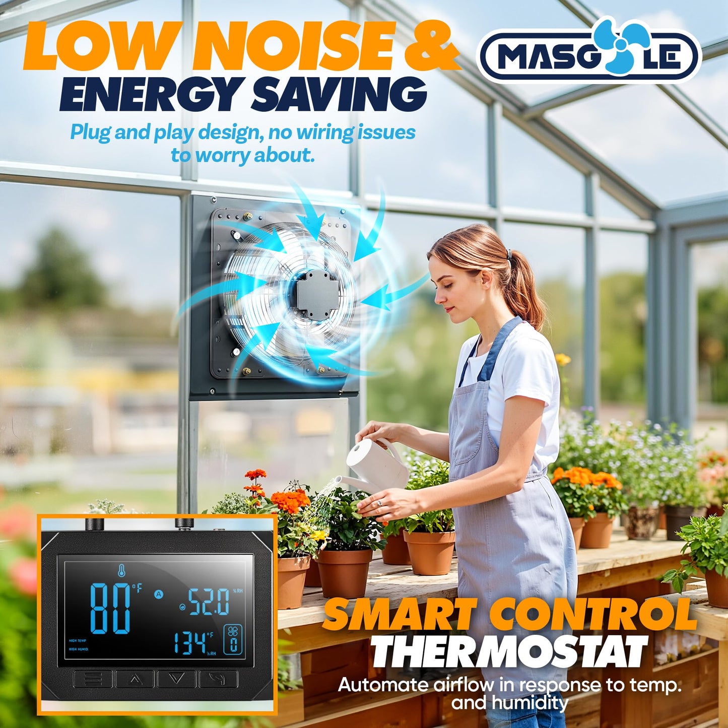 Masgole 12" Shutter Exhaust Fan with Thermostat, DC Motor, Attic Fan with Humidity Sensor, Low Noise, Wall Mount Ventilation and Cooling for Sheds, Attics, Workshops, Black