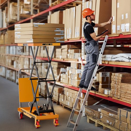 CAMMOO Hydraulic Lift Table Cart, 330lbs Capacity 49.6" Lifting Height, Double Scissor Lift Table with Non-Slip Pad & Safety Guard for Material Handling & Transportation, Yellow