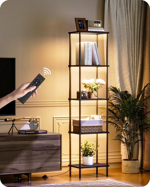 Display Shelf with Light, 5-Tier Shelf Lamp, Corner Floor Lamp with Shelves, Dimmable LED Floor Lamp for Living Room with Remote and Foot Control, 3CCT, Timer, Standing Lamp, Corner Bookshelf