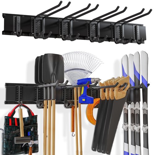 Madertool Garage Storage Organization System Ski Wall Rack, Wall Mounted Storage System, Garden Tool Hanger Rack for Skis Gears, Mop, Rake Shovel Yard Tools Wall Rack System Holds Up to 350lbs