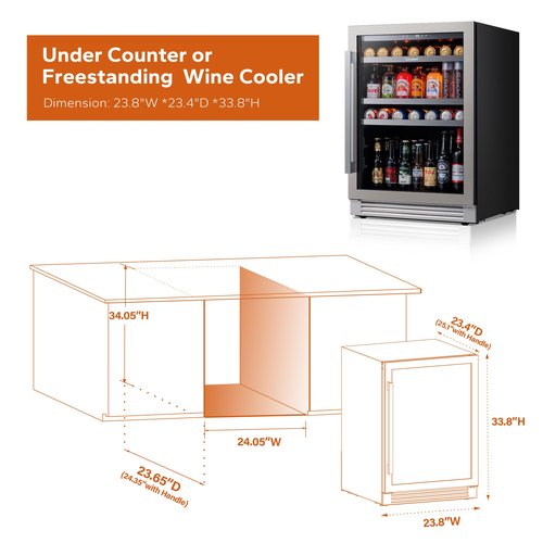 Ca'Lefort 24 Inch Beverage Refrigerator Cooler - 180 Can Mini Fridge with Glass Door for Soda Beer or Wine, 3 LED Compressor Fridge for Home Office Bar with 3 Adjustable Removable Shelves(5.56 cu.ft)