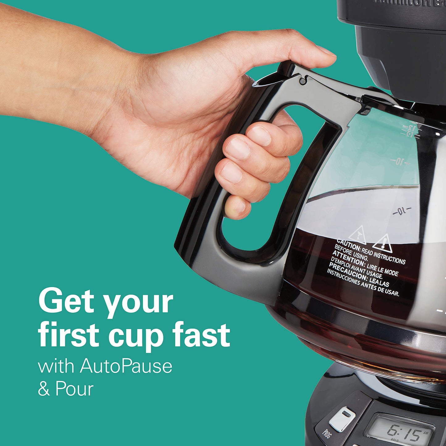Hamilton Beach 12 Cup Programmable Drip Coffee Maker Machine, Regular & Bold Brew Options, Auto Pause and Pour, Glass Carafe, Black Stainless (46293J)