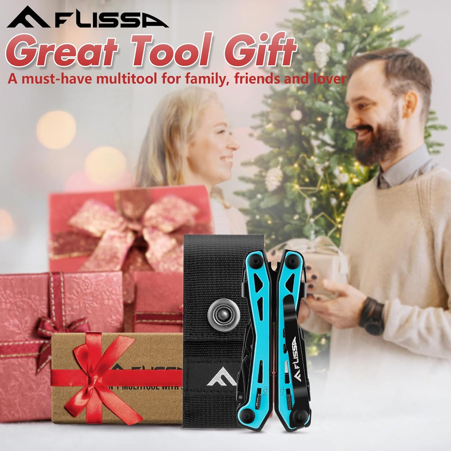 FLISSA 16-in-1 Pink Multi Tool Pliers, Gift for Father, Stainless Steel EDC Multitool with Pocket Knife, Belt Clip and Oxford Pouch, for Camping Survival Outdoor Activities