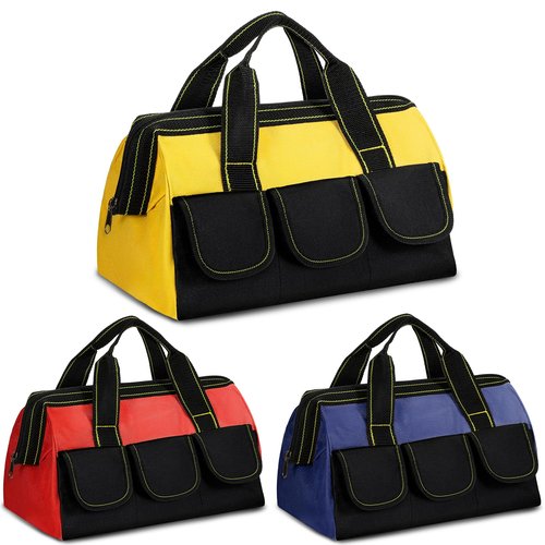 JJUNW 3 Pack Tool Bags for Men, Wide Mouth Tool Tote Bag with Waterproof Base, Heavy Duty Tools Storage Bag for Electrician Carpenter Mechanic (13 Inch,Blue, Red, Yellow)