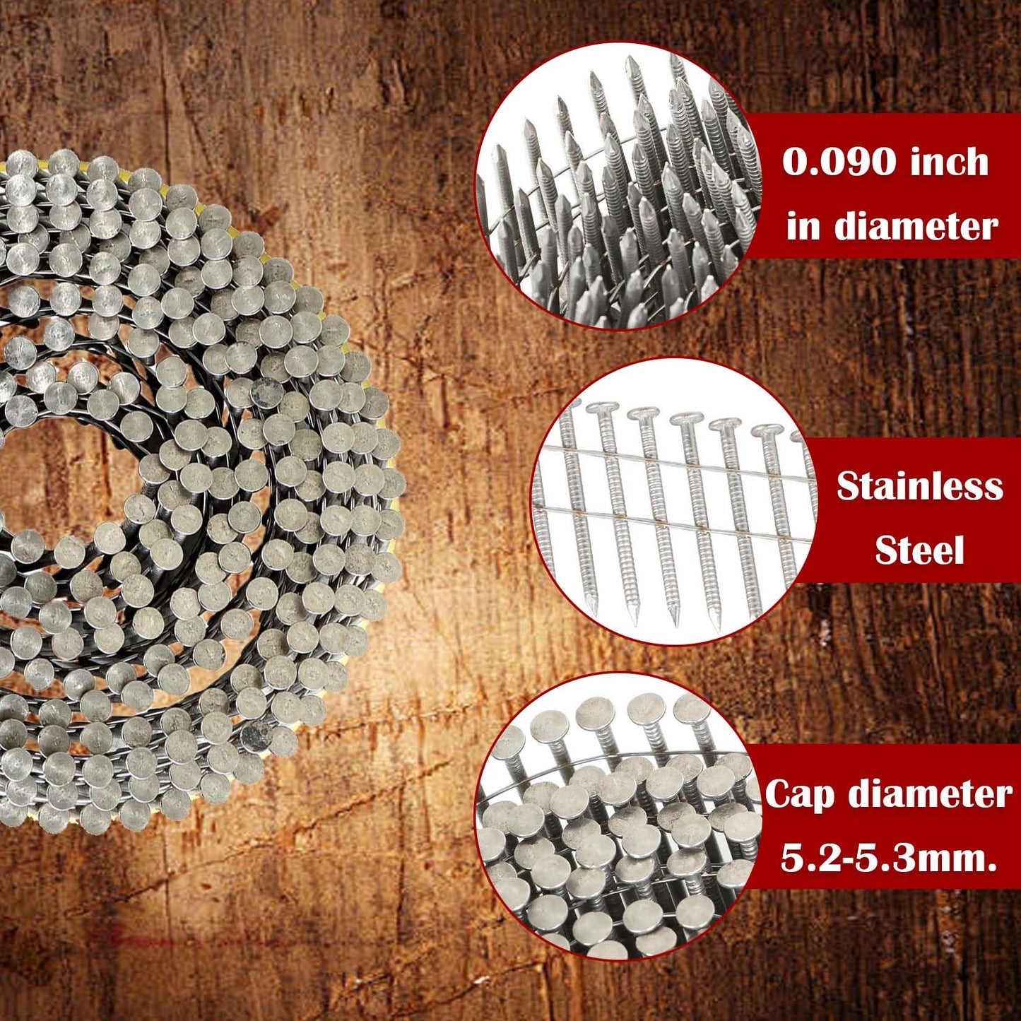 findmall 3600 Count 1-1/2-Inch x .090-Inch Ring Shank Stainless Steel Siding Nails 15-Degree Collated Wire Coil Siding Nails for Wood Siding or Fencing Applications