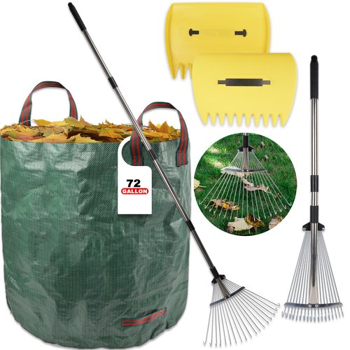 Leaf Collector Garden Rake Set - Adjustable 18 Tines Leaf Rakes & Leaf Picker Upper & 72 Gallon Lawn Waste Bag, Heavy Duty Collect Rake, Hand Leaf Scoop, Brown Paper Dumpster, Yard Gardening Tool