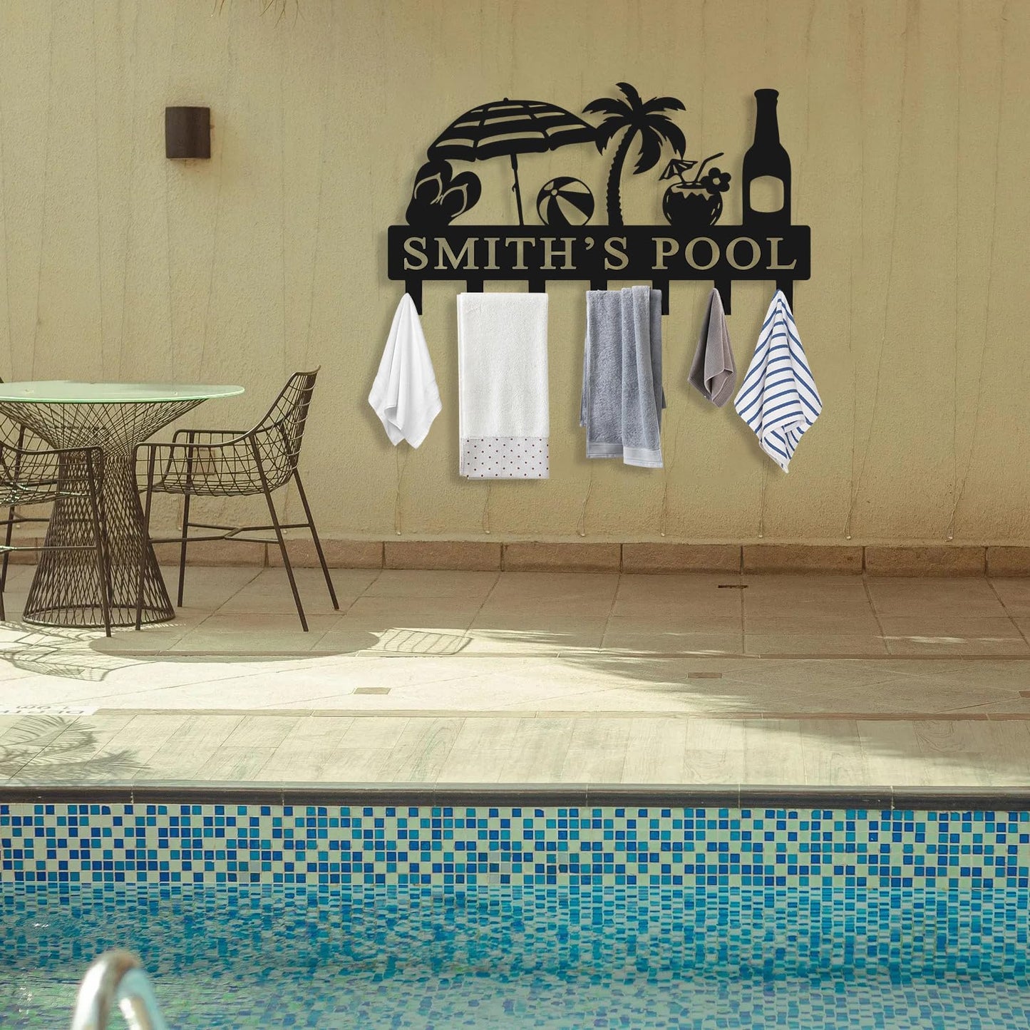 Custom Pool Towel Rack Wall Mount Personalized Name Metal Sign Poolside Towel Hook Outdoor Custom Towel Holder Organizer Pool Accessories for Robe, Towel, Coat, Swimsuit, Umbrella, Bag, Keys