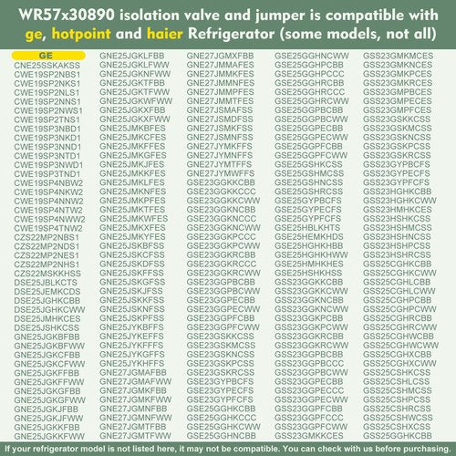 WR57X30890, WR57X30891 Water Inlet Valve Compatible with ge, hotpoint, haier Refrigerator: GNE25JYKGFFS, GNE27JMMAFES, GSS25GMHKCES etc. Isolation Valve and Jumper WR57X26569, AP6891693, PS12727426