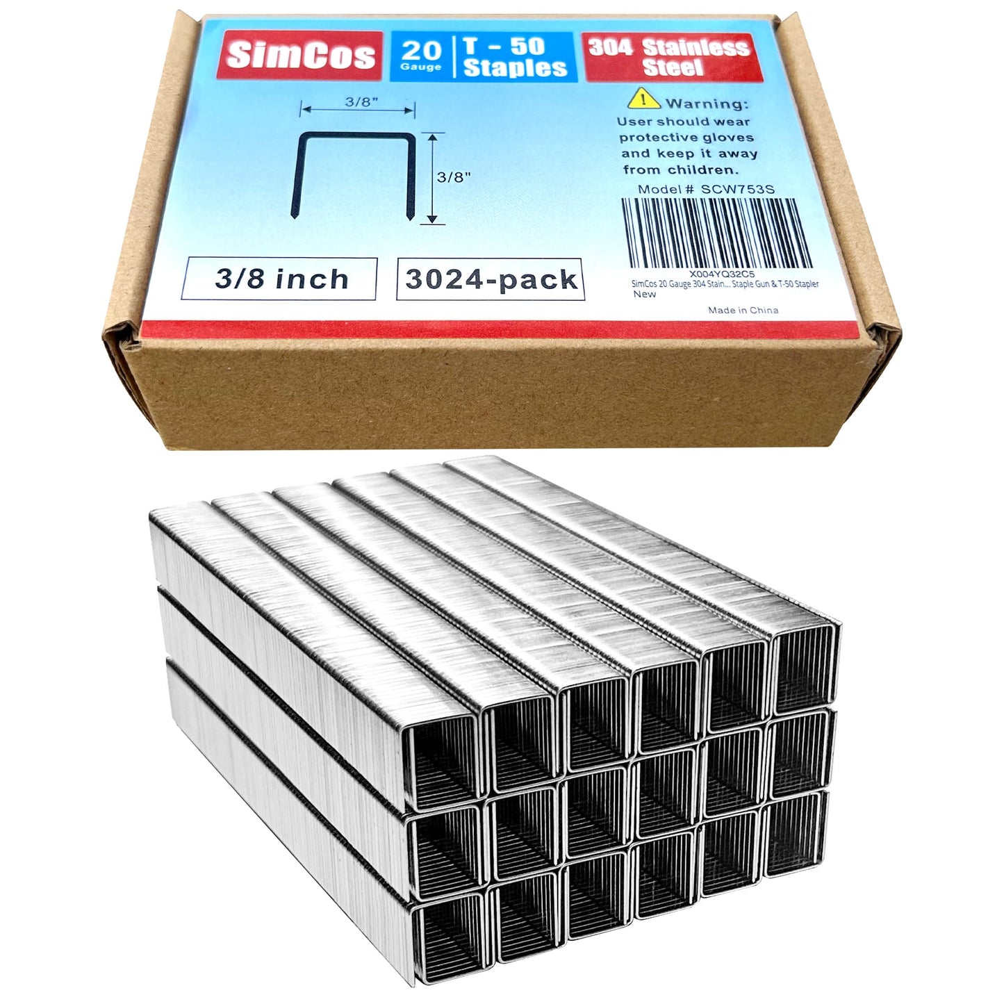 SimCos 20 Gauge 304 Stainless Steel T/50 Staples - 3/8" Crown Upholstery Staples, 3/8" Leg Length, 3024-Counts, Compatible with Staple Gun & T-50 Stapler