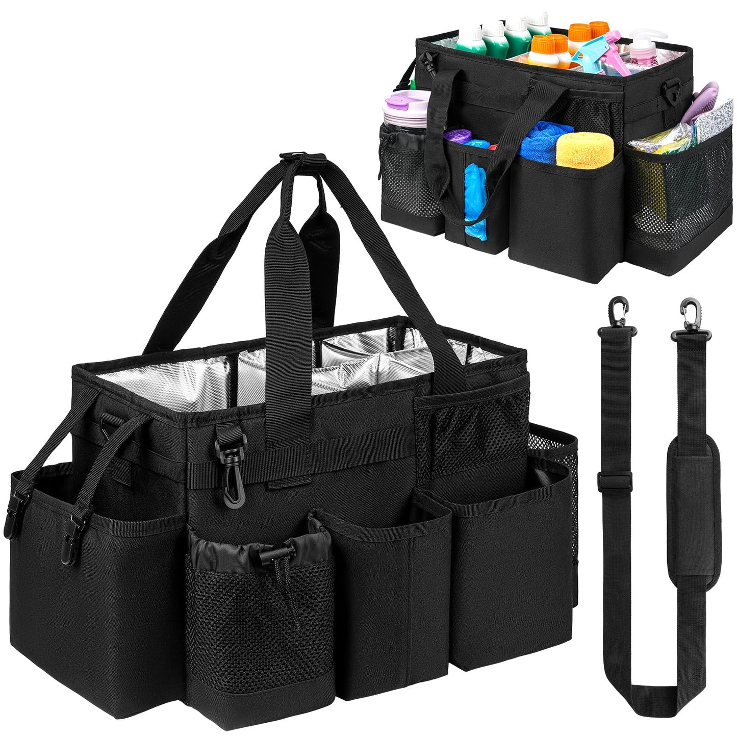 Cleaning Caddy Bag, Cleaning Supplies Organizer for Housekeepers, Housekeeping Caddy with Handle and Detachable Padded Cushion, Black