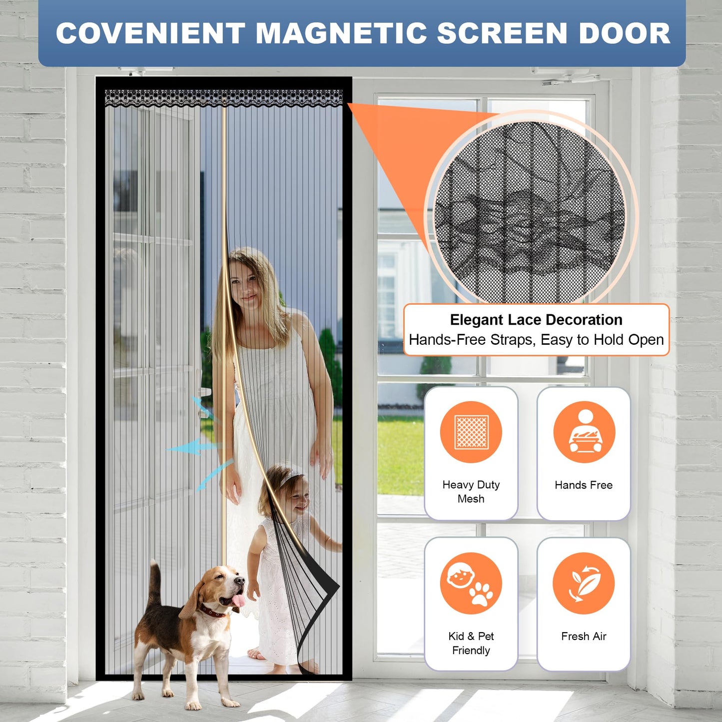 METAONLY Magnetic Screen Door Mesh, Works for Patio, Sliding Door, Keeps Bug Mosquito Out, Fresh Air Flow, Fits 32" x 80" Door - Curtain Size 34" x 82", Black with Lace