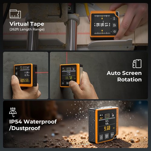 Laser Measuring Tool, 262ft Laser Measure with Digital Angle Finder & Level, Rechargeable Laser Measurement Tool with 2.4'' Color Backlit Display, 6 Units Ft/in/M, Length/Area/Volume/Pythagorean Mode