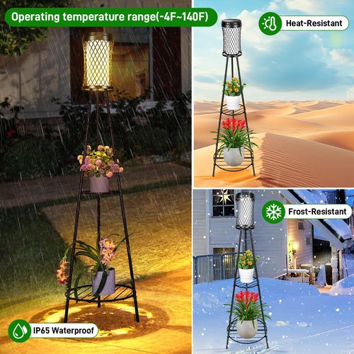 Solar Floor Lamp with Plant Stand - 2 Pack Waterproof Outdoor Lights for Garden, Pathway, Patio - Solar Powered Metal Stake Lanterns for Yard, Porch, Balcony, Backyard (Warm White)