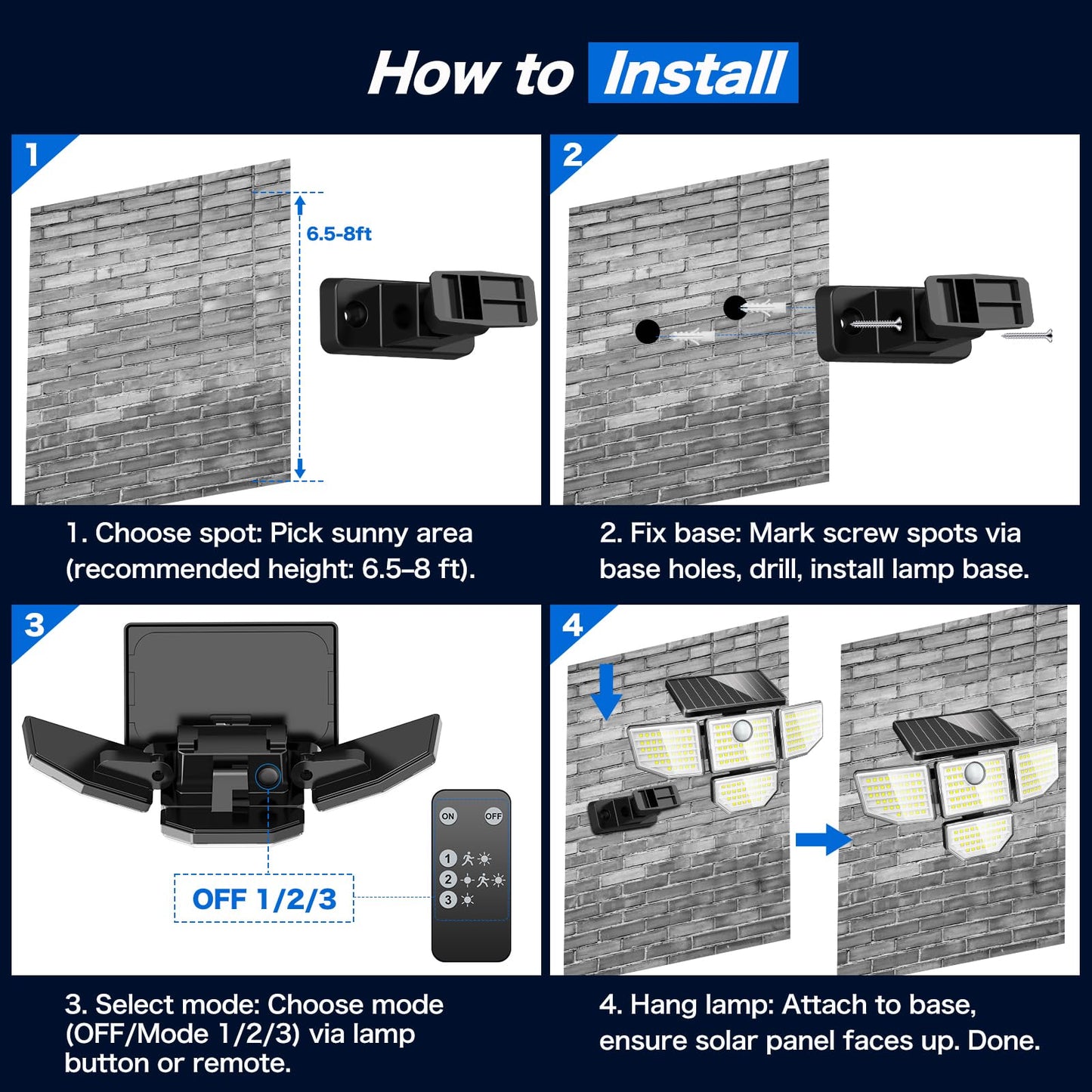 Adewalk 3000LM Outdoor Solar Light - Upgrade 4 Heads 188 LED Solar Motion Sensor Outdoor Lights, IP65 Waterproof Powered Light for Home Darkroom Backyard