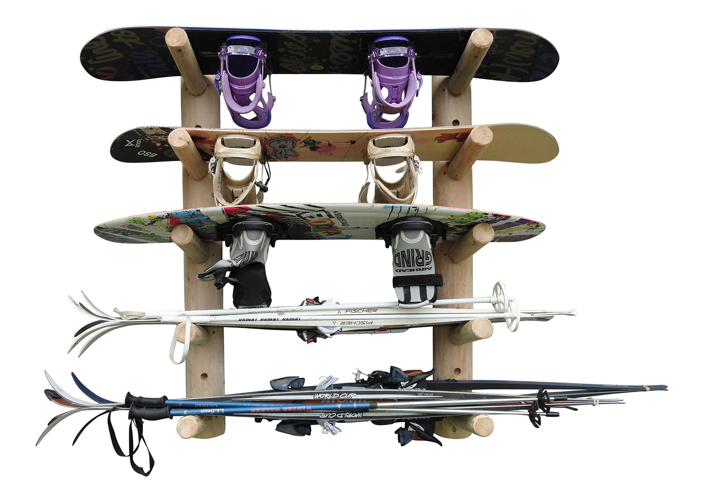 5-Place Wall-Mounted Skis/Snowboard Log Rack - Poles & Ski Wall Mount, Snowboards Wall Rack, Indoor & Outdoor Ski Holders for Walls, Hangers for Skis Indoor Storage - Unfinished