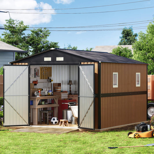 Panovue 10X12 FT Outdoor Metal Storage Shed with Lockable Doors & 2 Windows, Storage Shed Large with Metal Frame Floor for Patio Storage, Garbage Can, Chicken Coop(Wood Panels Not Included)