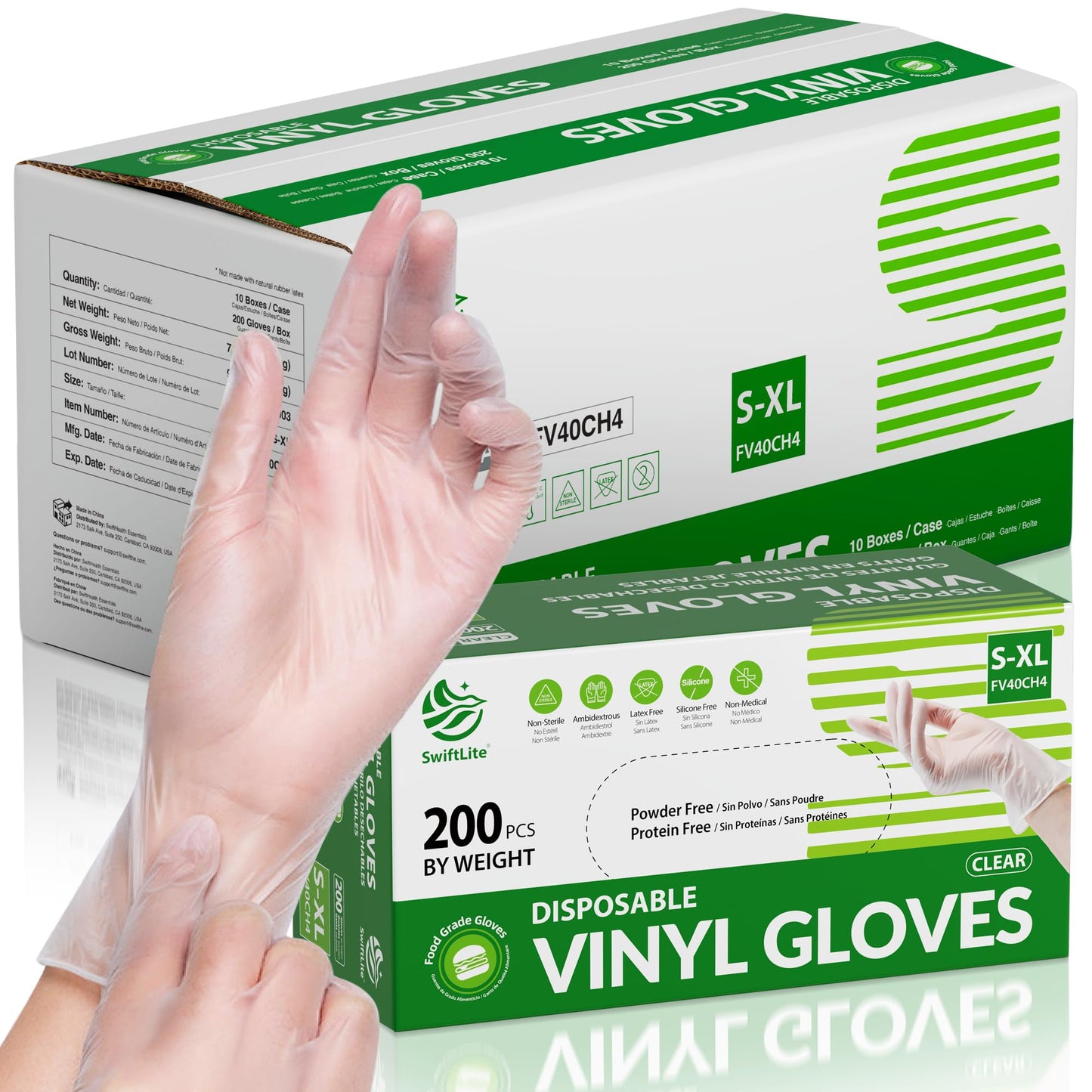 SWIFTLITE Disposable Vinyl Gloves, Food Safe, Latex-Free Powder-Free Clear Plastic Gloves for Cooking, House Clean, Food Prep (1000, Small)