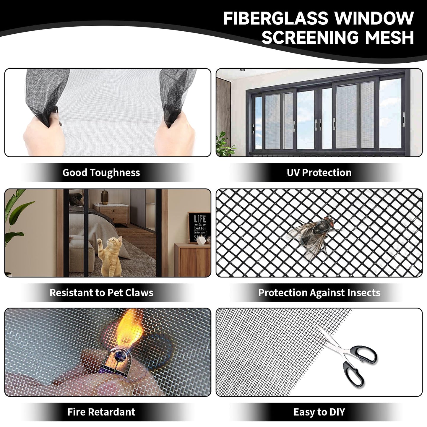 Window Screen Door Repair/Replacement Kit,48" x178" Adjustable Durable Fiberglass Window Screen Mesh,with Spline/Roller/Hook/Clips Screen Door Repair Kit,DIY Window,Porch Sliding Door(Black)