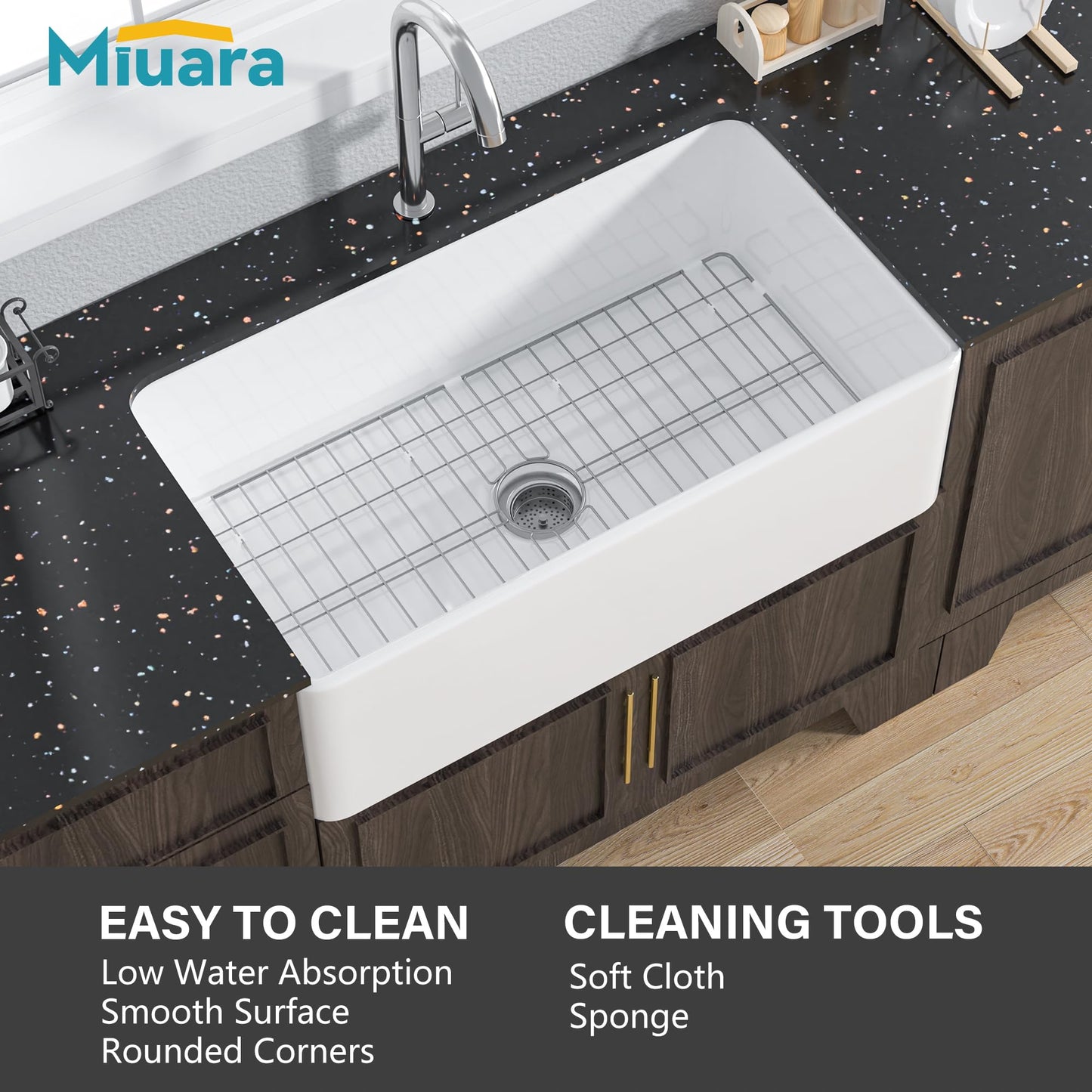 ﻿Miuara Farmhouse Sink 33 Inch - Apron Front Kitchen Sink Reversible 33"x18"x10", Undermount Installation, Farm House Style Single Bowl, Solid Fireclay, Glossy White, for Kitchen