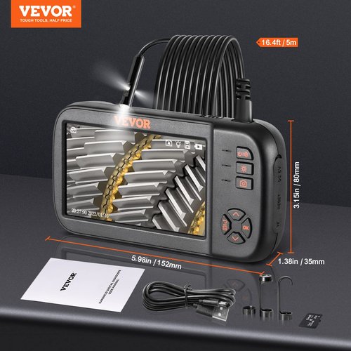 VEVOR Borescope Triple Lens Endoscope Camera with Light, 4.5" Screen 1080P Inspection Camera with 10 LED Light, IP67 Waterproof Drain Snake Cameras for Auto, Plumbing(16.5FT Cable, 32GB Card)