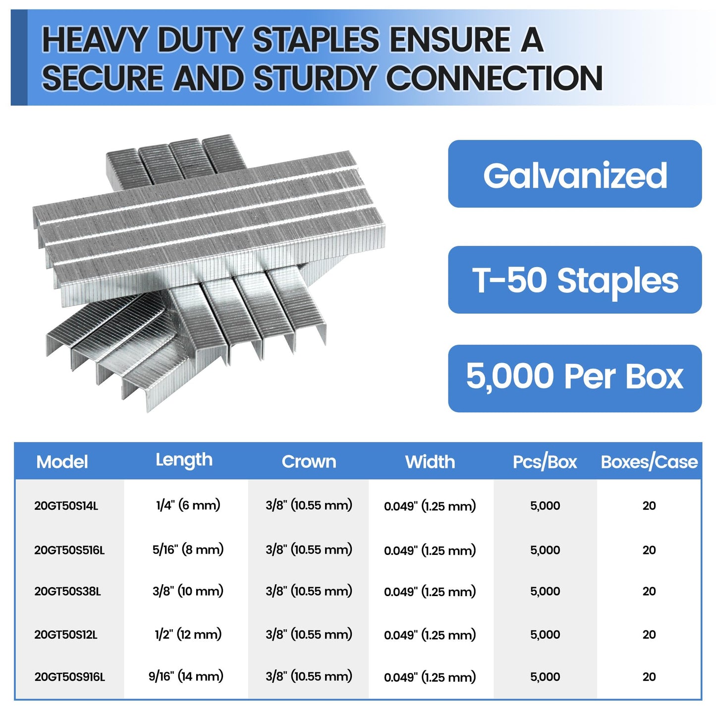 meite T50 Staples, 5/16 Inch Heavy Duty Staples for Staple Gun, Galvanized 20 Gauge 3/8 Inch Crown Staple for Upholstery, Construction, Furniture (5 Boxes)