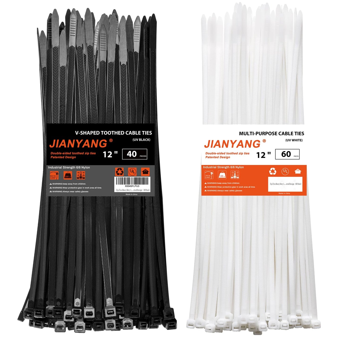 Zip Ties Heavy Duty 12+12 inch,V-Shaped Toothed Double Sided With 200 LBS Tensile Strength Cable Ties ，Extra Large Wire Ties Adjustable Nylon Tie Wraps for Indoor Outdoor Black and White（100 Pack）