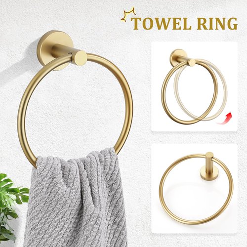Smowfes Brushed Gold Bathroom Accessories Set - 2 Piece Wall Mounted Toilet Paper Holder & Hand Towel Ring, Durable Stainless Steel with Brass Finish, Rustproof Bathroom Hardware Installation Kit