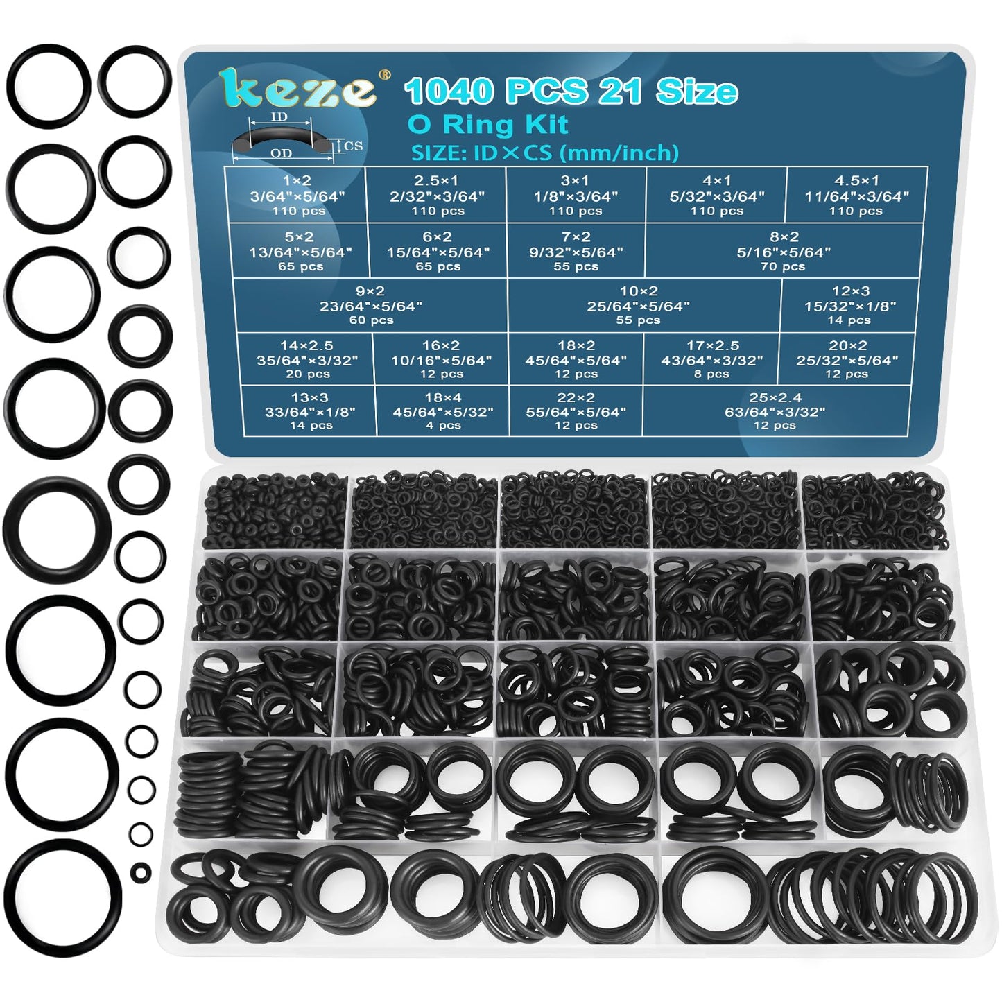 KEZE 1040 Pcs O Ring Kit 21 Size Universal Nitrile Rubber O Ring Assortment Set for Automotive Vehicle Repair Faucet Plumbing Air or Gas Sealing Connections Resist Oil and Heat