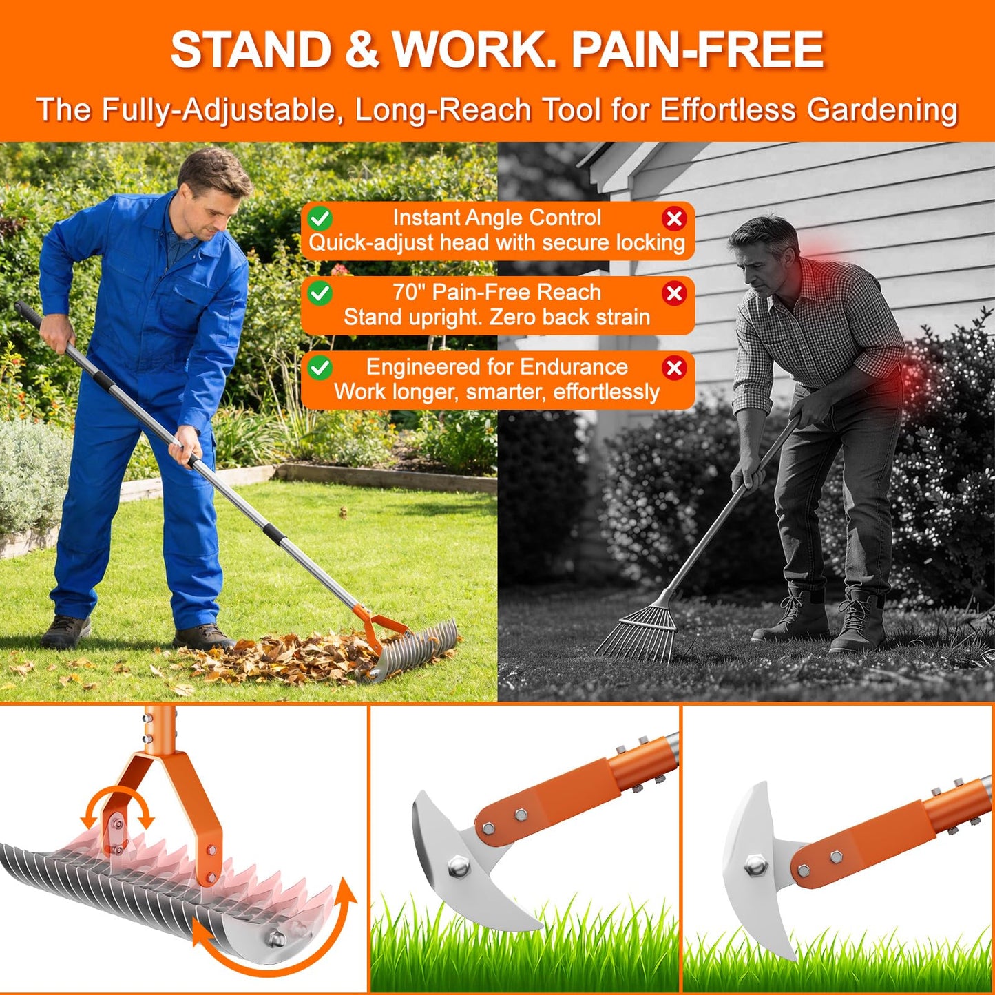Thatch Rake for Lawn with 68" Adjustable Handle, 15" Heavy Duty Dethatcher Rake for Lawn, Thatching Rake with Dual-Action Tines, Dethatching Rake for Efficiently Removes Dead Grass, Loosens Soil