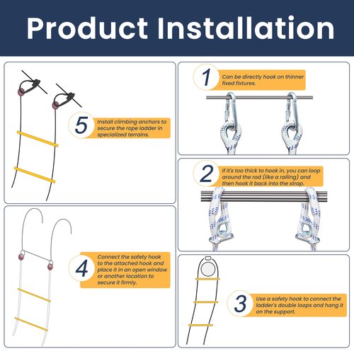 Fire Escape Ladder 2 Story, 16 FT Flame Resistant Fire Ladder 2 Story Window, Sturdy Emergency Ladder for Second Floor, Portable and Reusable Rope Ladders, Weight Capacity 2000 Pounds