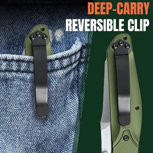 Pocket Knife, Reverse Tanto Blade EDC Folding Knife, 3.2" D2 Steel Blade with Green Aluminum Handle and Reversible Pocket Clip, Gifts for Men Women Camping Hiking