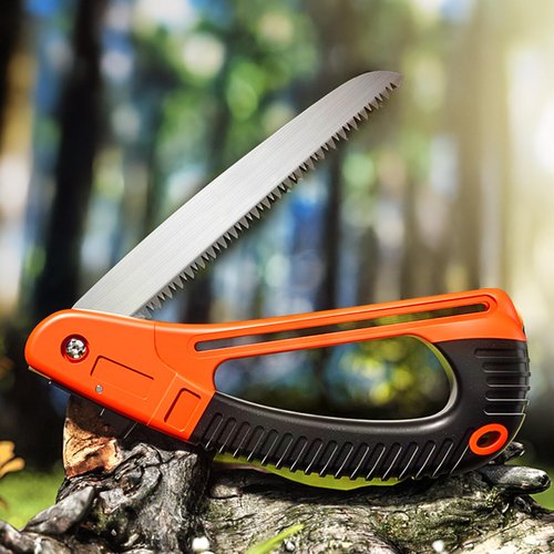 Durable Folding Pruning Saw with Safety Lock - Orange Handle for Camping, Gardening, Tree Trimming