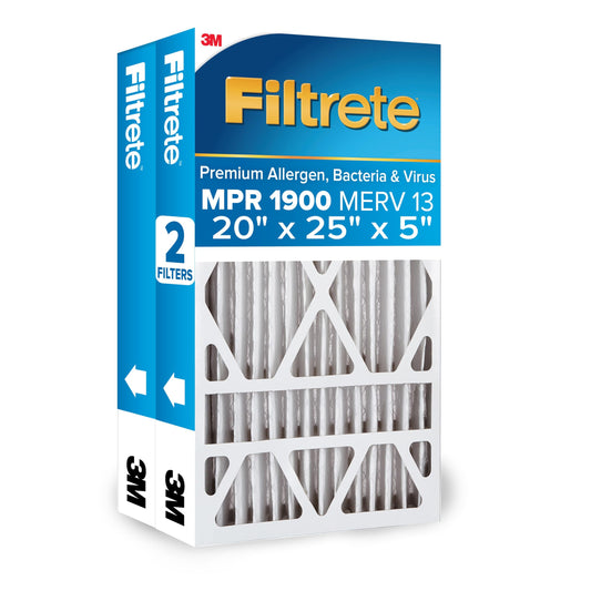 Filtrete 20x25x5 AC Furnace Air Filter, MERV 13, MPR 1900, Premium Allergen, Bacteria & Virus Filter, Electrostatic Air Cleaning Filter, 2-Pack (Actual Size 19.56 x 24.13 x 4.75 in)