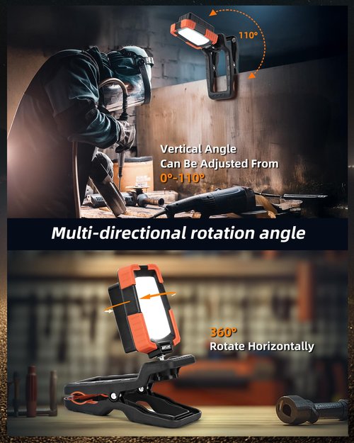 Anylight LED Rechargeable Work Light with Clamp,1600LM Magnetic Clip Work Lights with 3 Light Modes, 360° ＆ 115° Rotate Portable Clamp Work Light, IP65 Waterproof for Car Repairing, Job Site, Workshop