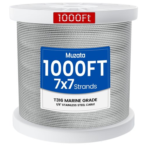 Muzata 1000 ft 1/8" Stainless Steel Cable Railing System Hardware T316 Stainless Steel Wire Rope 7x7 Strands 1800 lb Breaking Strength Deck Cable Railing Kit for Indoor Outdoor Coastal WR02