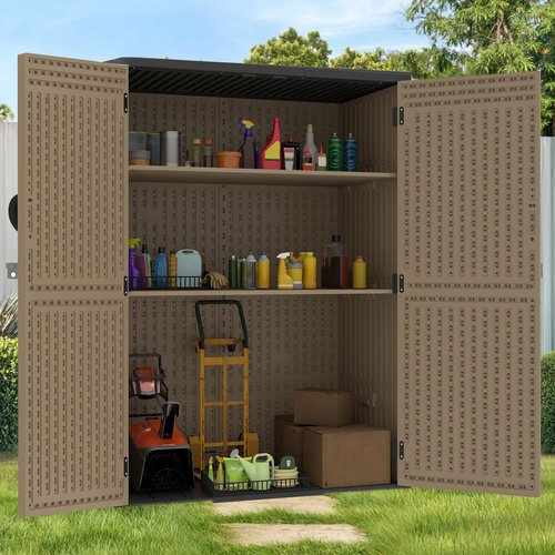 GOOBED Vertical Outdoor Storage Shed, 59 Cubic Feet Resin Tall Shed, Lockable Waterproof Tool Organizer for Garden, Garage, Patio, No Shelves (Brown)