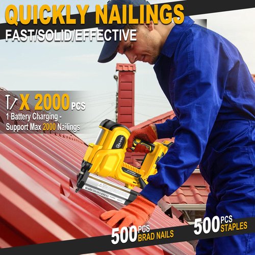 SILVEL 18 Gauge Cordless Brad Nailer, 2 in 1 Cordless Nail Gun/Electric Stapler, 2 * 4.0Ah Battery Powered Nail Gun, Fast Charging for Woodworking,Home Improvement, YELLOW