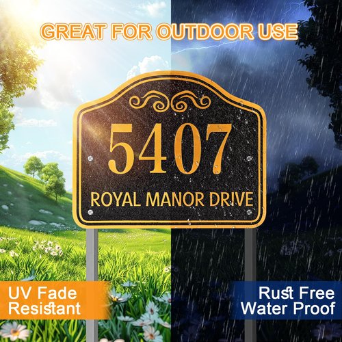 Personalized Address Sign LAWN MOUNTED - Custom House Number Sign Plaque,Address Plaque,House Address Numbers for Outside House Lawn,Yard,Ground,Garden,Bell Style with 2 Stakes