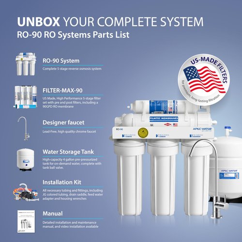 APEC Water Systems RO-90 Ultimate Series Top Tier Supreme Certified High Output 90 GPD Ultra Safe Reverse Osmosis Drinking Water Filter System, Chrome Faucet