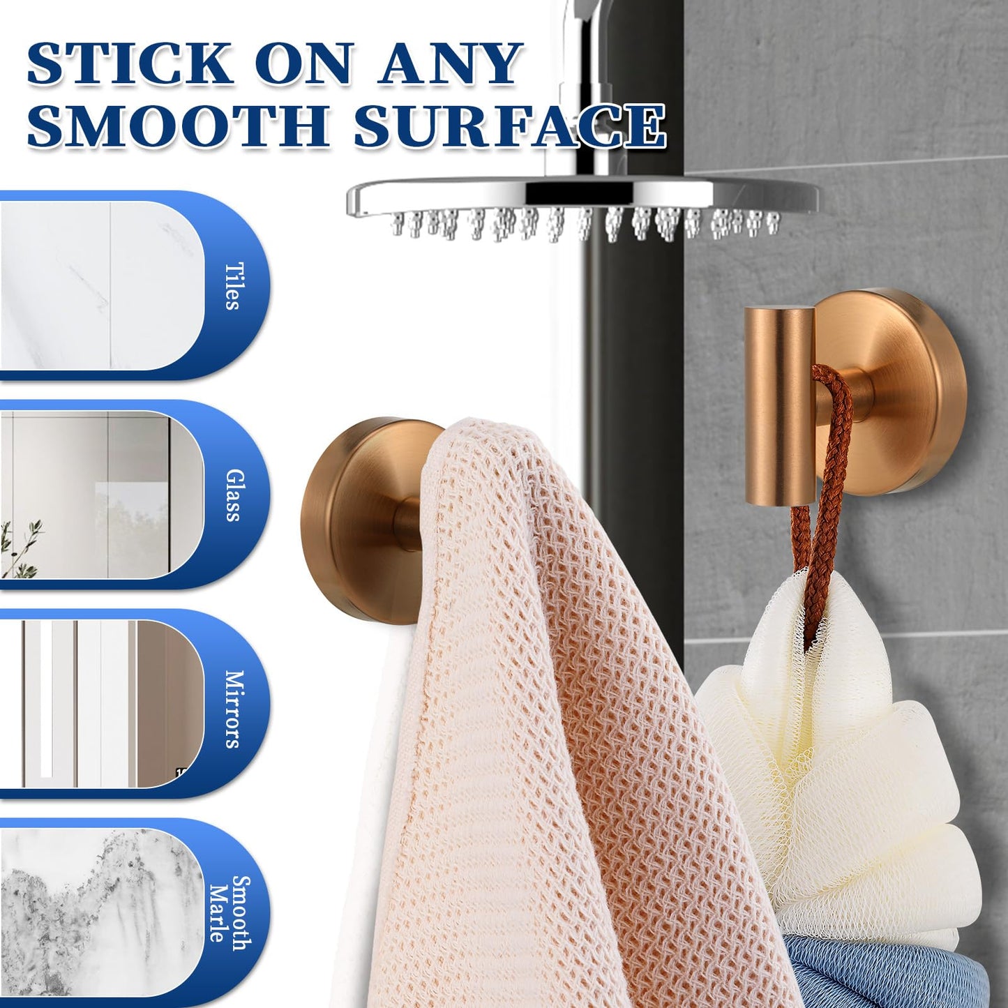 warlve Heavy Duty Reusable Suction Cup Hooks for Shower - No Drill Bathroom/Glass/Mirror/Tiles & Metal Surfaces,and Smooth Non-Porous Surfaces for Towels, Robes, Loofahs (2, Champagne Bronze)