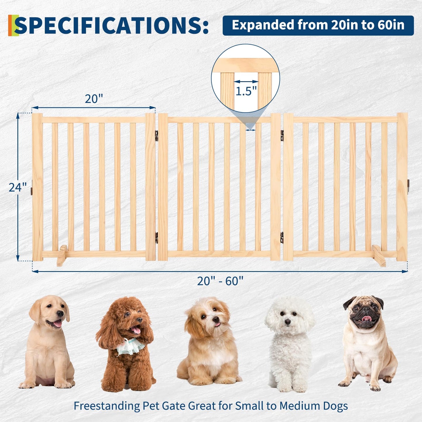 Paint-Free Wooden Freestanding Dog Gates, Wooden Indoor Dog Fence,Collapsible Wood Pet Gates for The House,Doorways, Stairs,Step Over Fence -3 Panel H:24”