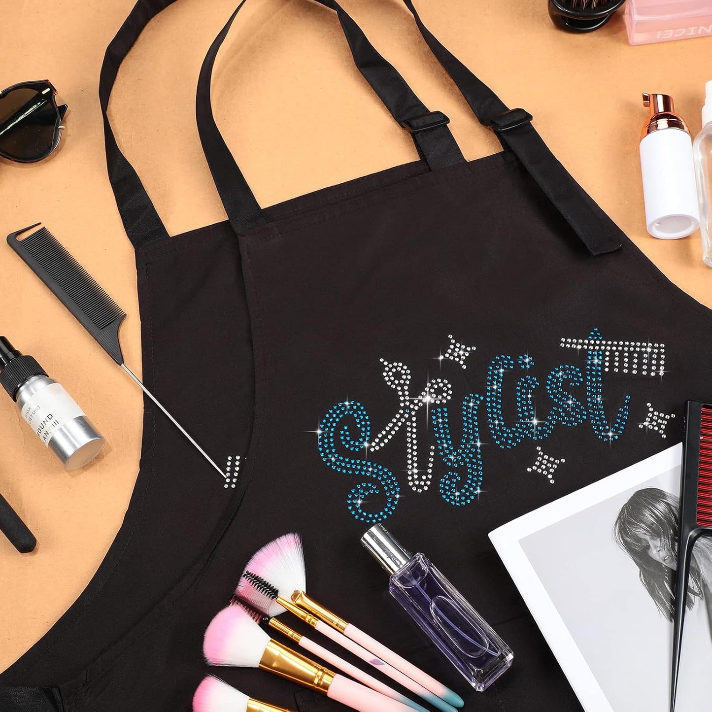 Coume 2 Pcs Hair Stylist Apron Hairstylist Salon Apron with Rhinestone Tools 3 Pockets Waterproof Hairdresser Barber