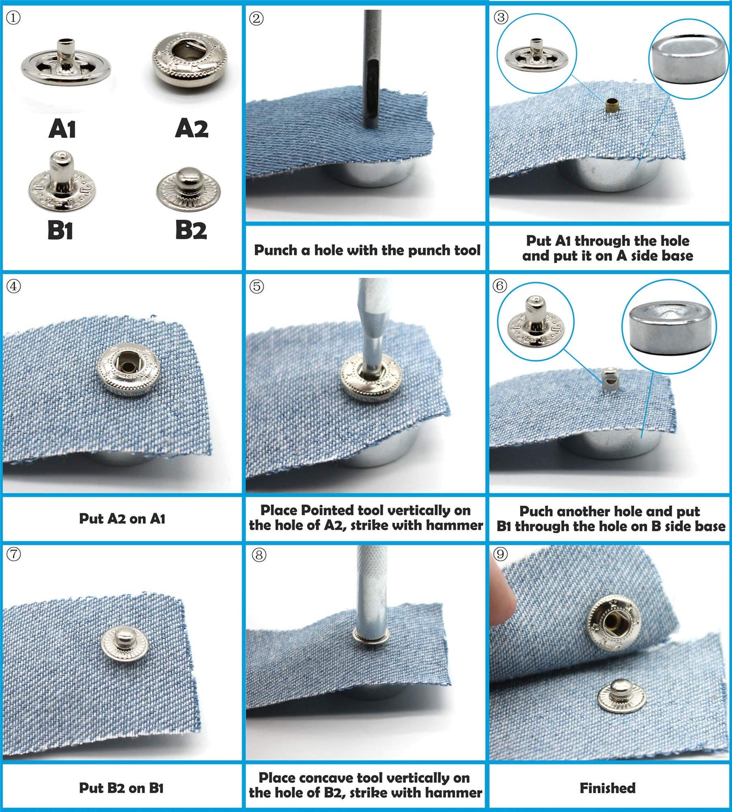 Raydodo 12 Set Leather Snap Fasteners Kit, 15mm Metal Snap Buttons Kit Press Studs with 4 Install Tools, Rivets and Snaps for Clothing, Jeans, Jackets, Bracelets, Bags (Gold)