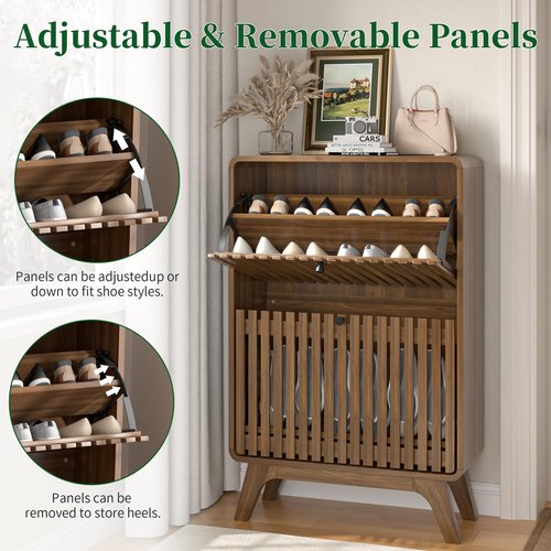 Jluomei Fluted Entryway Shoe Cabinet Storage, Wood Modern Rack Organizer with 2 Flip Drawers, Narrow Slim Shoe Organizer Cabinet for Entry Way, Wooden, Small, Hidden, Brown, Walnut