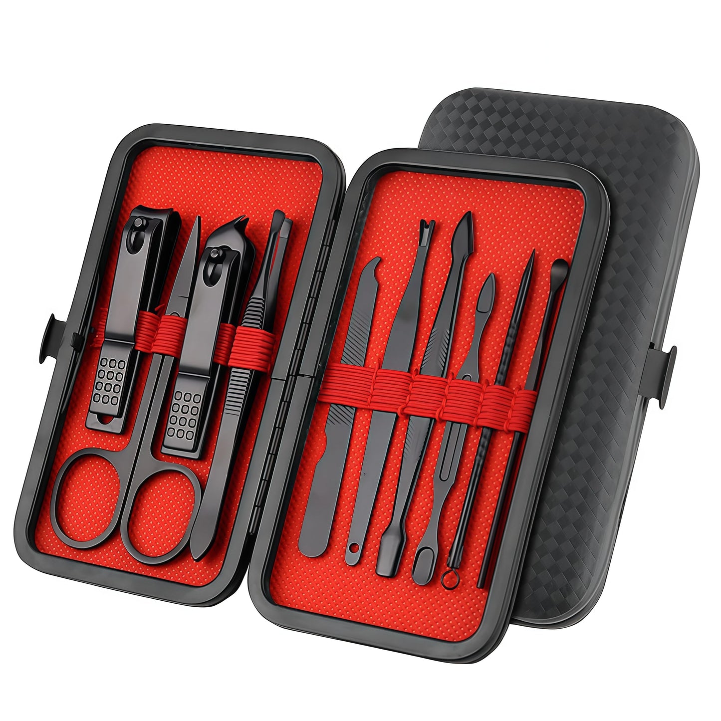 Luxury 10-in-1 Professional Manicure Set - Premium Stainless Steel Nail Clippers & Grooming Kit with Elegant Travel Case for Ultimate Hand, Foot & Facial Care (Black/Red)