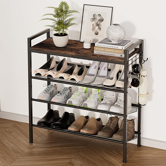 neatevday 4 Tier Shoe Rack, Shoe Rack for Front Door Entrance with Hook, Shoe Organizer with Adjustable Mesh Shelves, Metal Shoe Rack for Entryway, Closet, Bedroom Living Room Garage