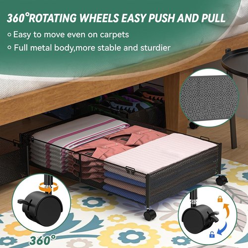 TUMUCUTE Under Bed Storage, Underbed Storage Containers with Wheels, Metal Under the Bed Storage, Under Bed Storage Organizer for Shoe, Clothes, Blankets, Bedding, 2 Packs