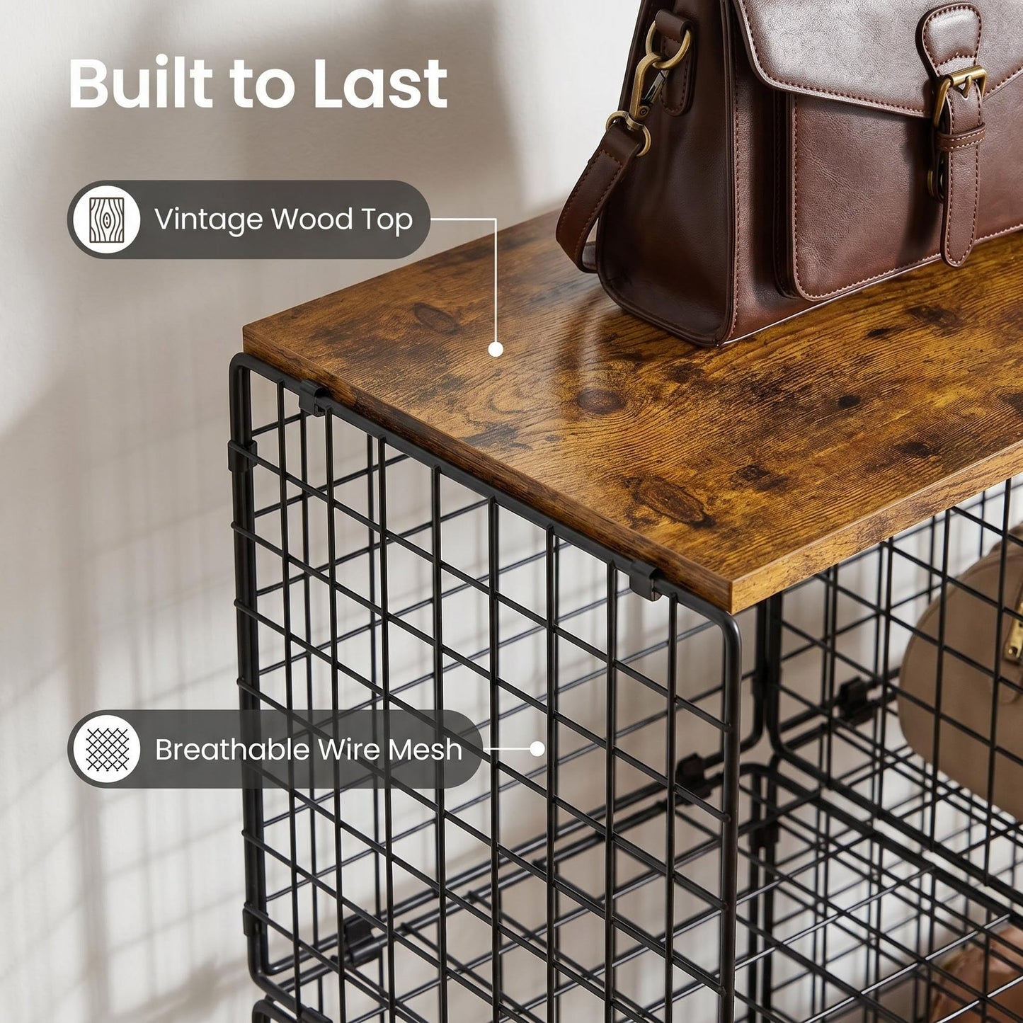 Free-standing Sturdy Tall 6-Cube Closet Organizer Storage Wire Basket Shelf with Wood Top for Wardrobe Bedroom Closet, Stackable Space-saving Clothing Shelves for Clothes, Sweaters, Pants, Handbags