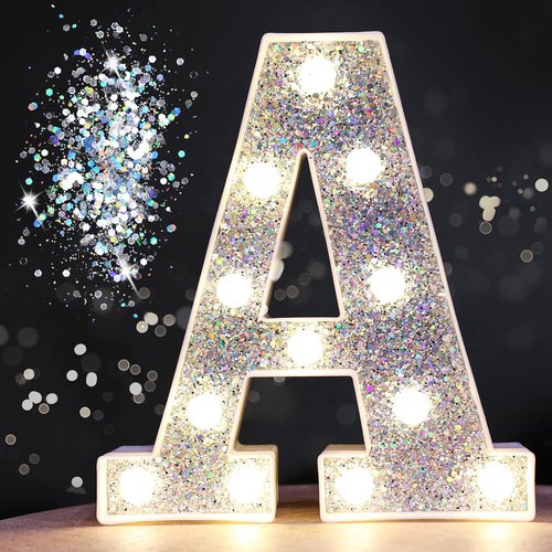 PooqlaLED Marquee Light Up Letters, Glitter Alphabet Letter Sign Battery Powered Night Light Girls Gifts Birthday Wedding Home Bar Christmas Party Decoration, Shiny Silver Letter A