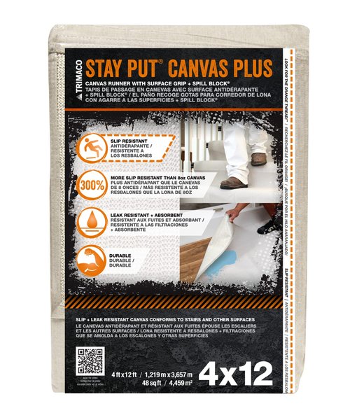 Trimaco 04328 Slip Resistant Dropcloth Stay Put Canvas Plus Drop Cloth, 4-feet x 12-feet